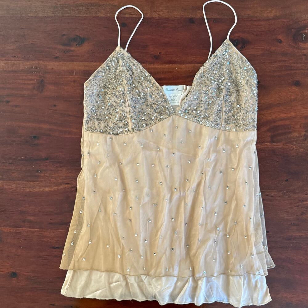VTG Y2K Charlotte Russe tan tank top beaded fairy 2000s size M